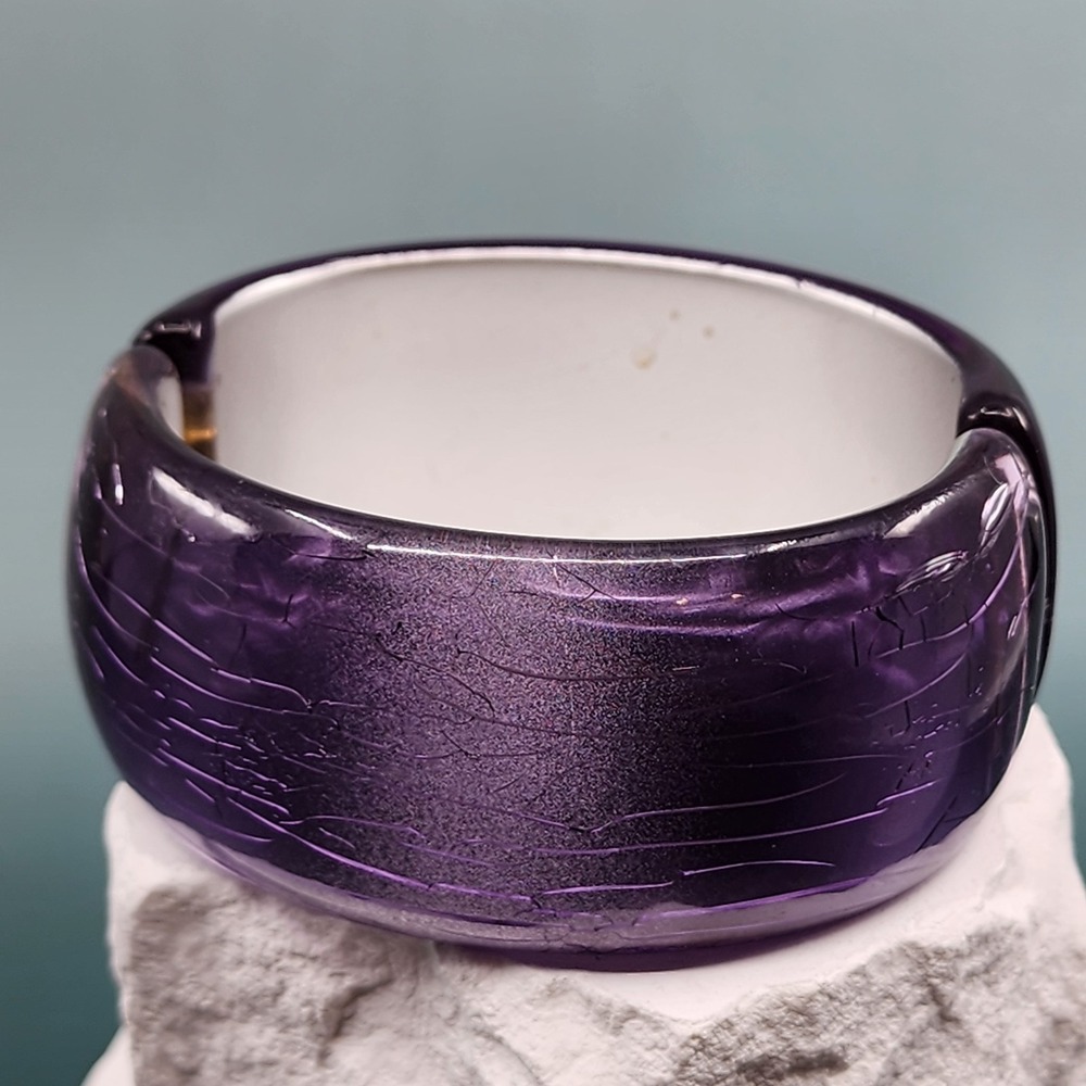 Purple Acrylic Hinged Bangle Bracelet Wide Chunky Retro Glam Statement Jewelry